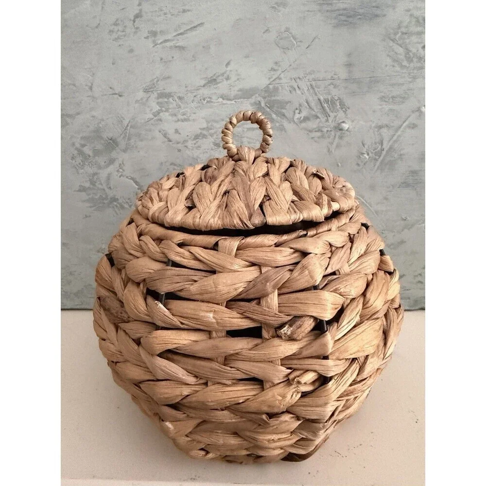 Woven Bee Hive Wicker Basket w/Lid Inner Container Rustic Boho Storage Decor